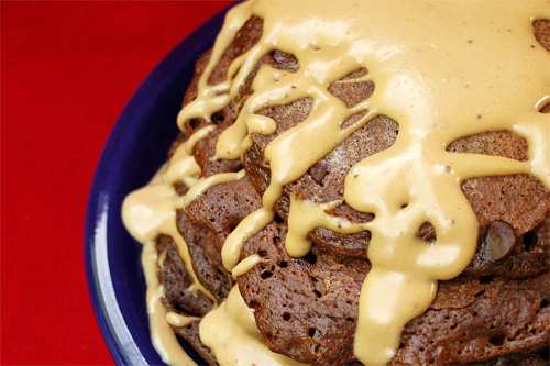 Double Chocolate Velvet Pancakes & Banana Love Sauce recipe photo