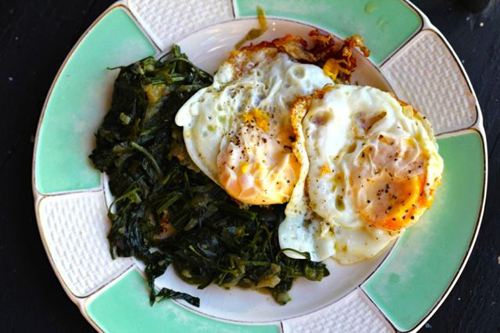 Fried Eggs with Wild Greens and Onions